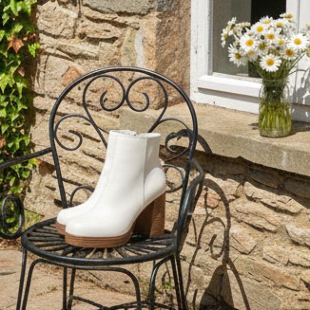 Women's White Ankle Boots with Brown Heel